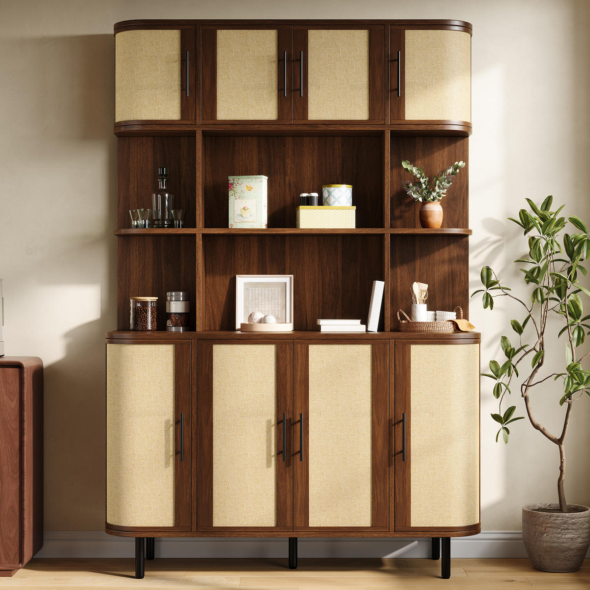 HOCHSCHRANK mit Rattanfront, 8 Türen, modern - Walnussfarben, Holzwerkstoff (120/180/20cm) - FLIEKS
