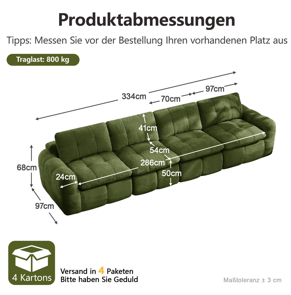 SOFA 334/97/68 cm in Grün aus Chenille, montagefrei und flexibel - Grün, Textil (97/68/334cm) - Flora Grace