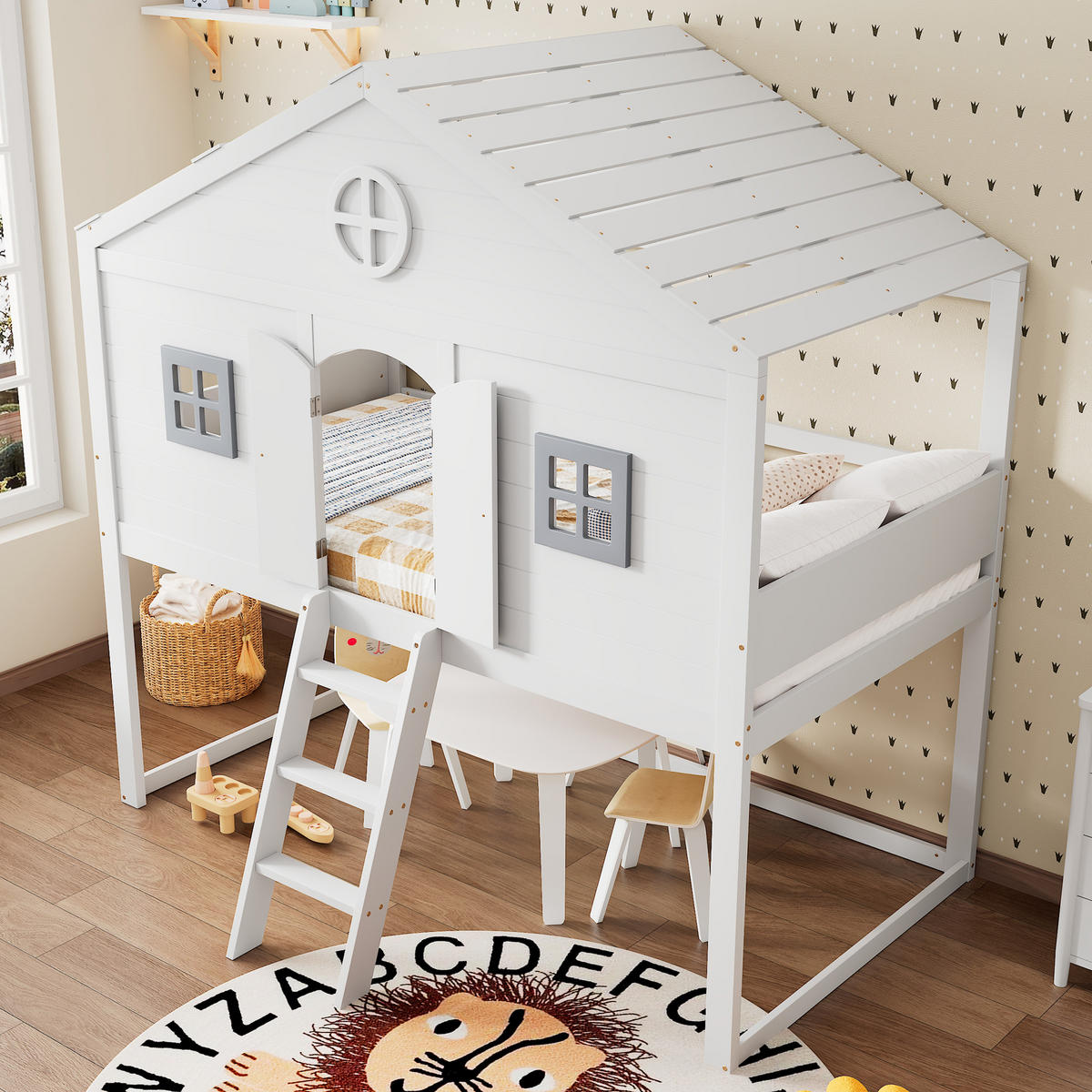 HOCHBETT 90/200 cm weiß und grau aus Kiefer mit Treppe und Rundum-Fallschutz - Weiß, Holz (90/200cm) - OKWISH