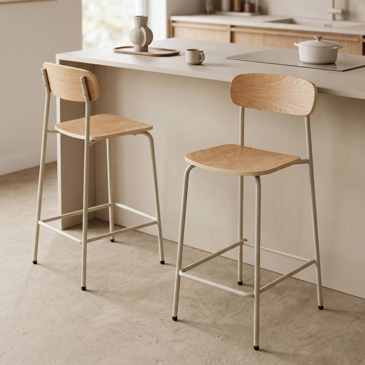 BARHOCKER 2-tlg., Beige - Beige, Holz/Metall (50/96/42cm) - Oviala