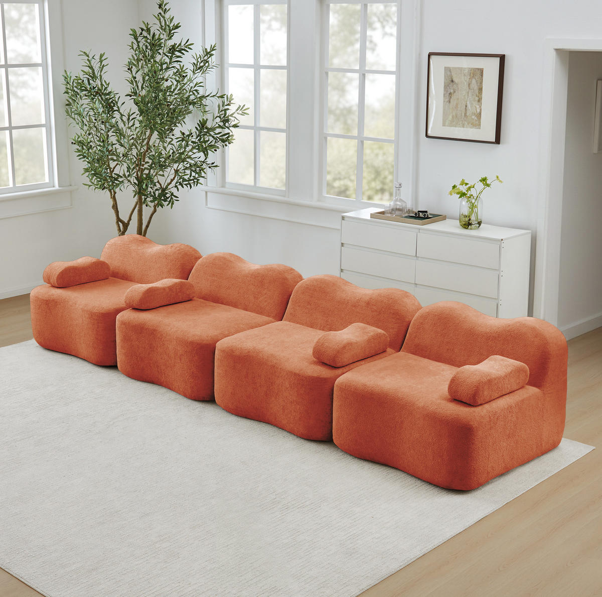 SOFA in Orange aus Samt mit Wellenform und tiefem Sitzkomfort - Orange, Textil (98/70/384cm) - Flora Grace