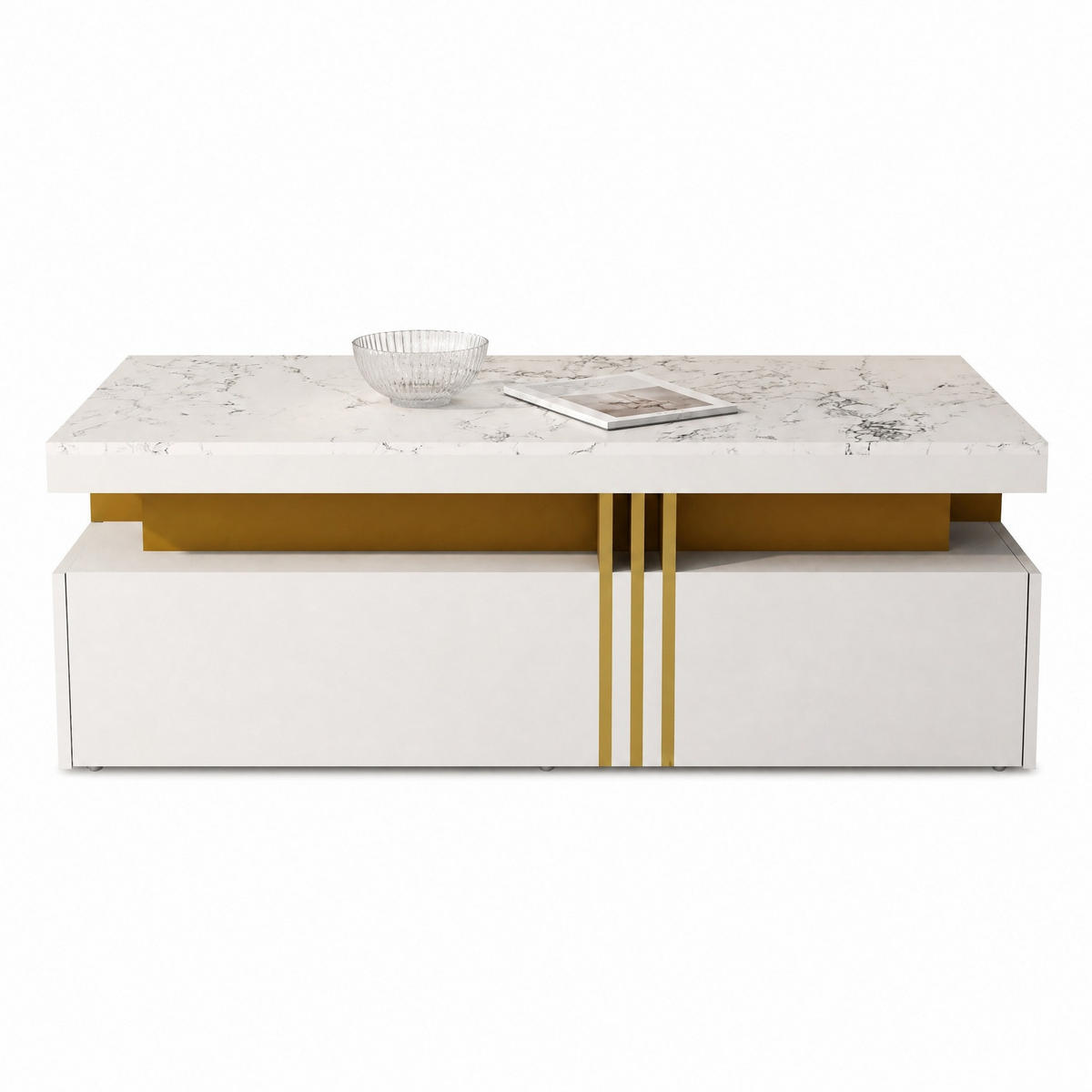 SET TV ormarića i klub stolića 200/40/42 cm i 100/50/40 cm s 5 ladica i mramornim izgledom, Bijela - bijela, drvni materijal (200/42/40cm) - Redom