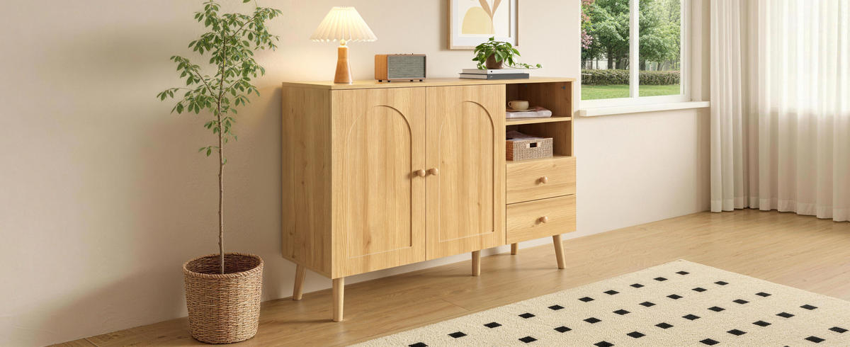 SIDEBOARD 118/35/82 cm Natur aus MDF und Holzwerkstoff mit Türen und Schubladen - Naturfarben, Holzwerkstoff (118/82/35cm) - OKWISH