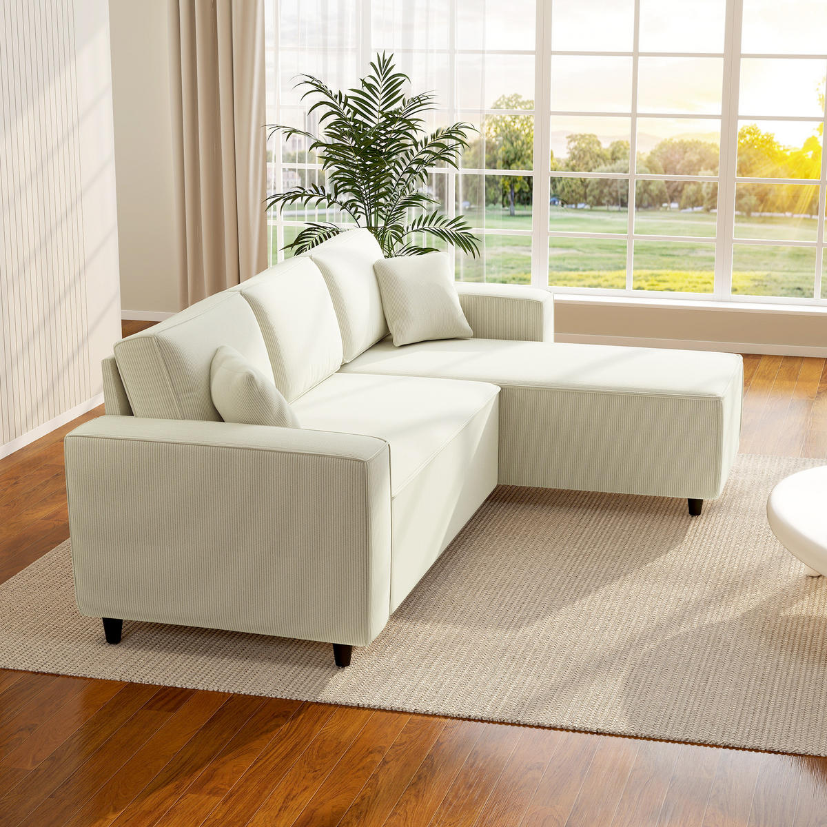 ECKSOFA 3-Sitzer DE-13435 reversibel & Rippvelours Creme - Weiß, Textil (153/241cm) - ComfortXL