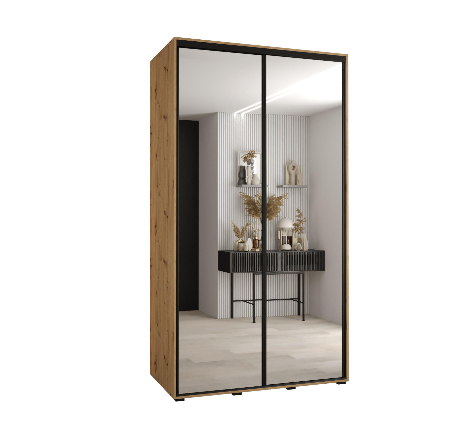 Abiks Möbel Schwebetürenschrank Eiche Artisan, Schwarz 140x235x60 cm