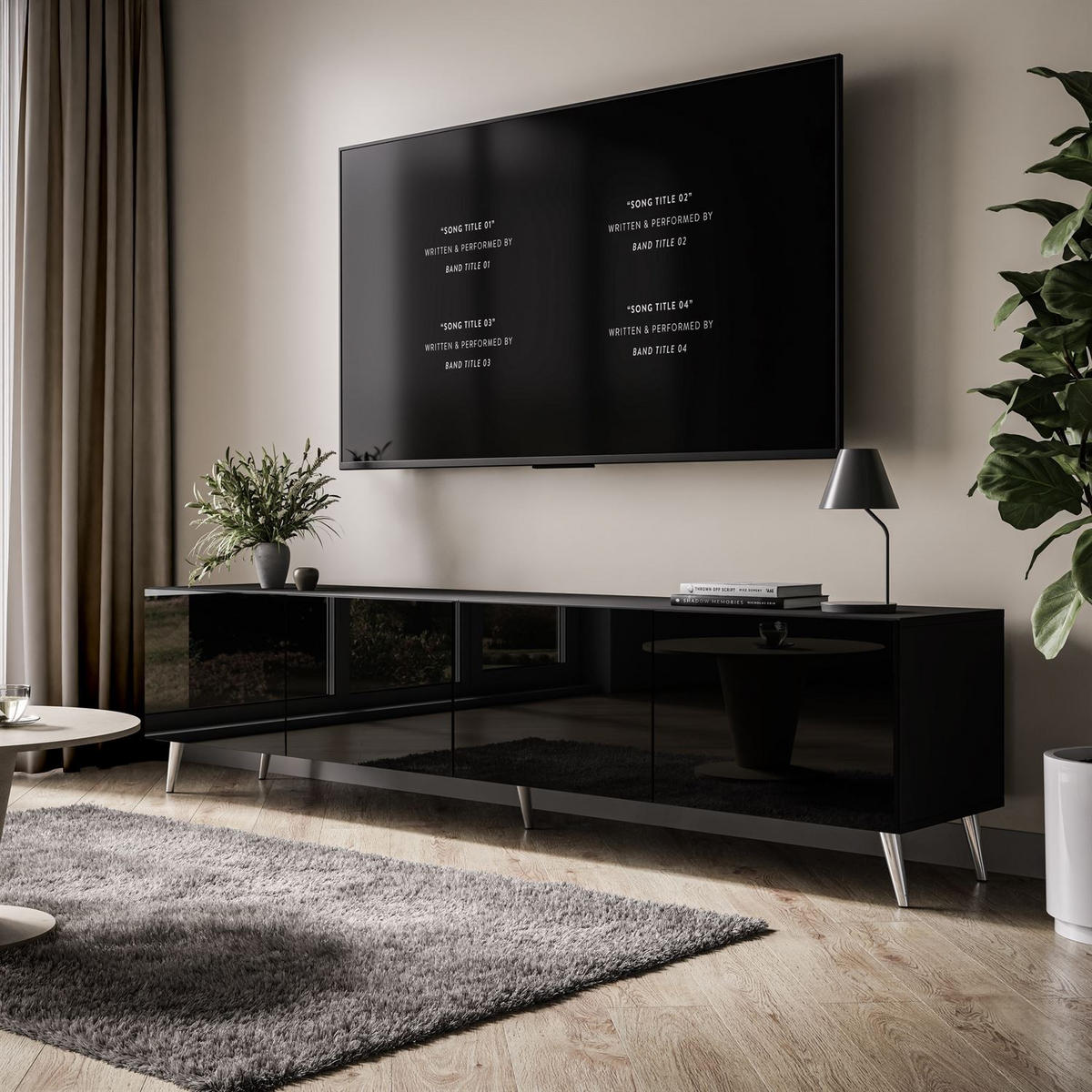 TV-ELEMENT AURA 200 Schwarz Hochglanz – Beinfarbe: Chrom - Schwarz, Holzwerkstoff (200/49/40cm) - Lookway