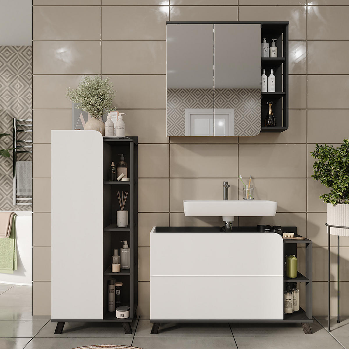 KOUPELNOVÝ NÁBYTEK Karen Antracitová/bílá - bílá/antracitová, kompozitní dřevo (100/65/35cm) - Vicco