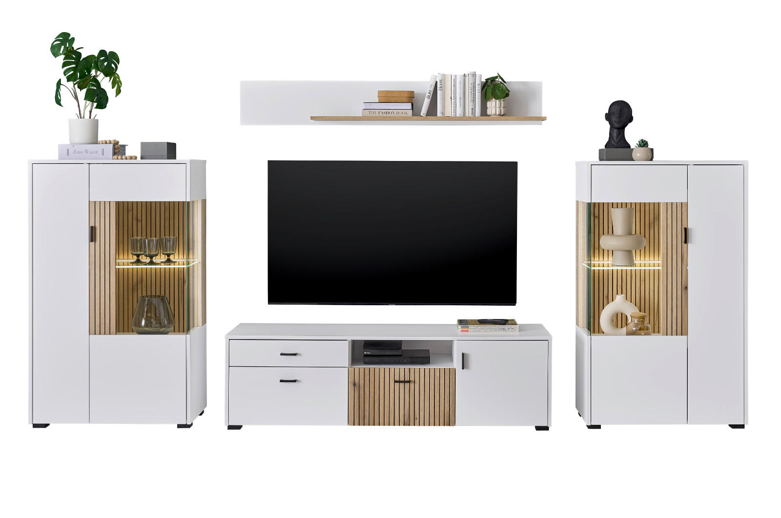 WOHNWAND weiß matt, Evoke Eiche, Wohnkombination 4-teilig 320 x 170 cm - Eichefarben/Weiß, Holzwerkstoff (320/180/42cm) - Furn.Design