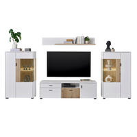WOHNWAND 4-teilig weiß matt, Eiche 320 cm, Wohnkombination mit viel Stauraum und Soft-Close - Eichefarben/Schwarz, Glas/Holzwerkstoff (320/180/42cm) - Furn.Design