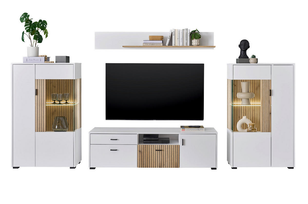 WOHNWAND 4-teilig weiß matt, Eiche 320 cm, Wohnkombination mit viel Stauraum und Soft-Close - Eichefarben/Schwarz, Glas/Holzwerkstoff (320/180/42cm) - Furn.Design