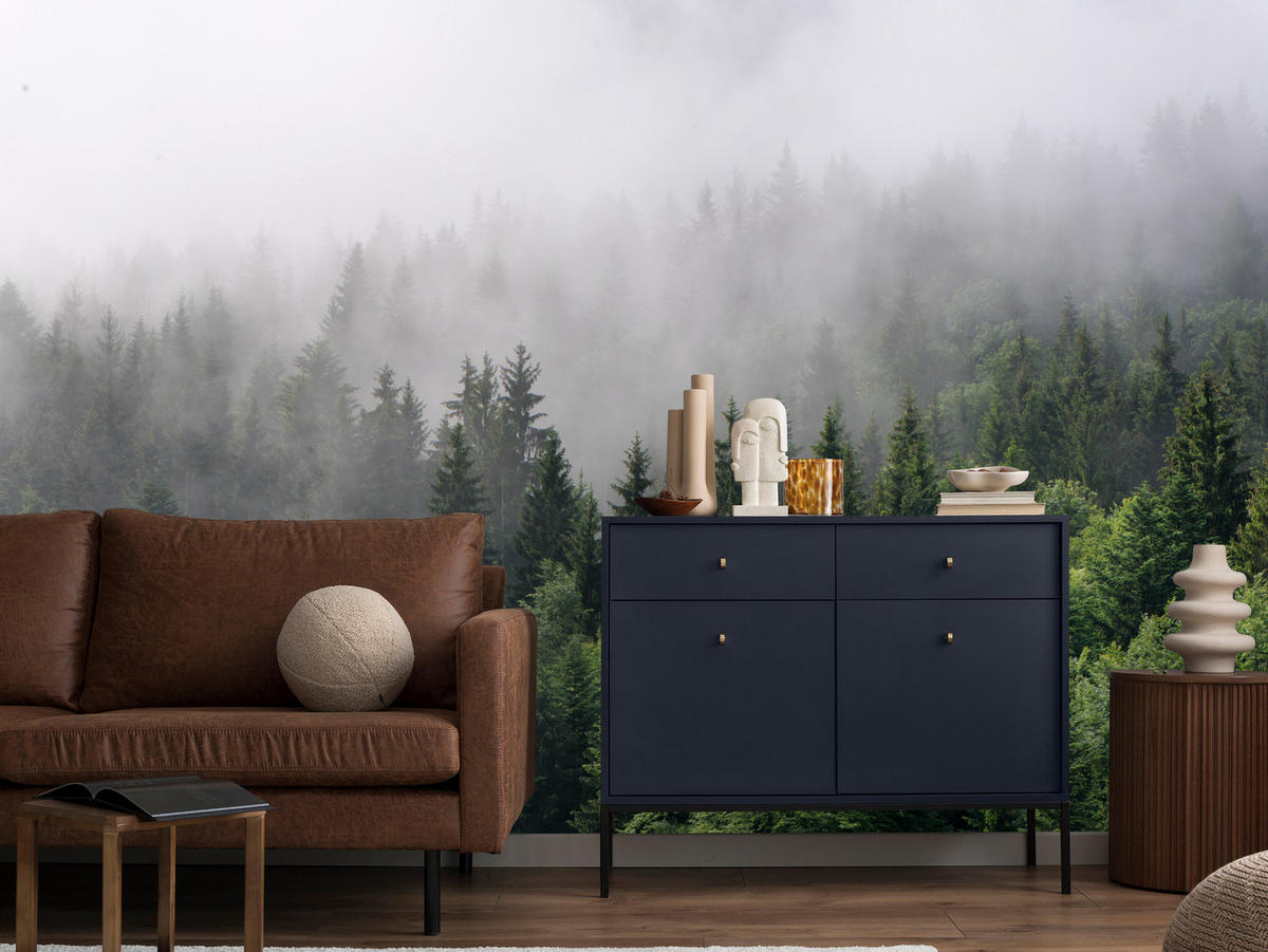 FOTOTAPETE für Wohnzimmer Nadelbäume Nebelwald Grün 200x140 - Grau/Grün, Papier (200/140cm) - Muralo