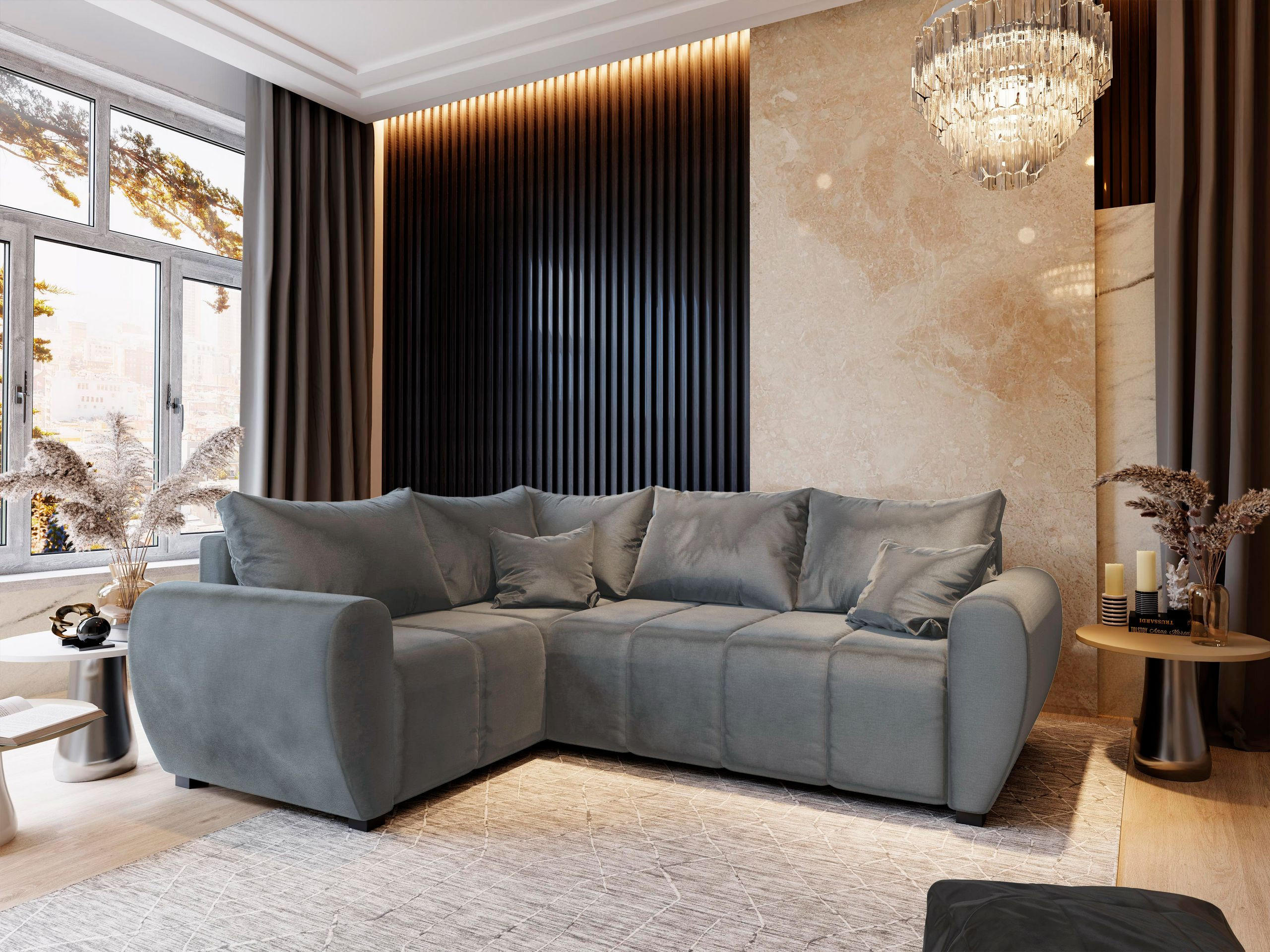 ECKSOFA MADISON L L-S Hellgrau Plüsch-Stoff mit Schlaffunktion - Hellgrau, Holz (235/175cm) - MASSENO