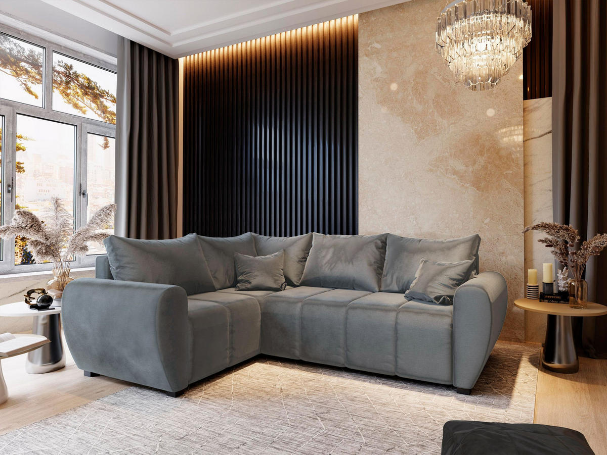 ECKSOFA MADISON L L-S Hellgrau Plüsch-Stoff mit Schlaffunktion - Hellgrau, Holz (235/175cm) - MASSENO