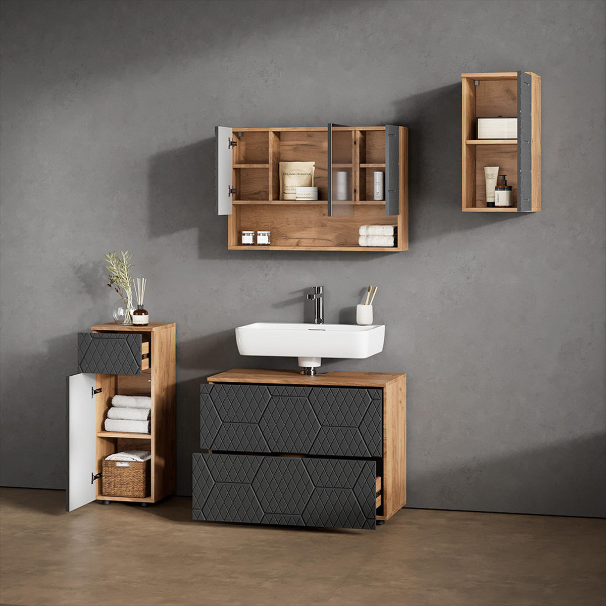 BADMÖBEL-SET Ronco Anthrazit gestreift 4 Teile - Eichefarben/Anthrazit, Holzwerkstoff (80/58/41cm) - Livinity®