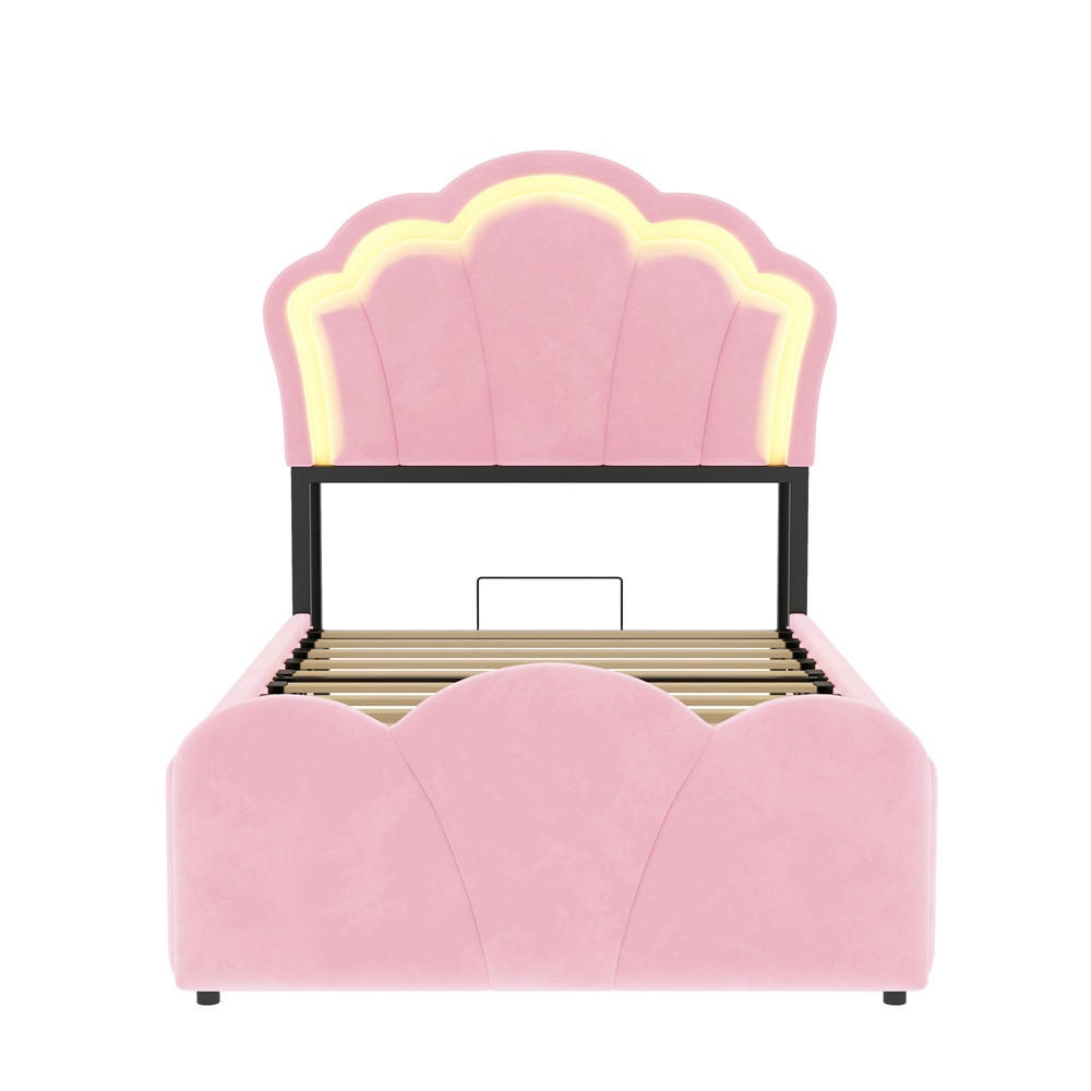 POLSTERBETT 90x200 cm mit hydraulischem Stauraum - LED Beleuchtung & Ladeanschluss - Rosa - ohne Matratze - Pink, Textil (90/200cm) - DELFA