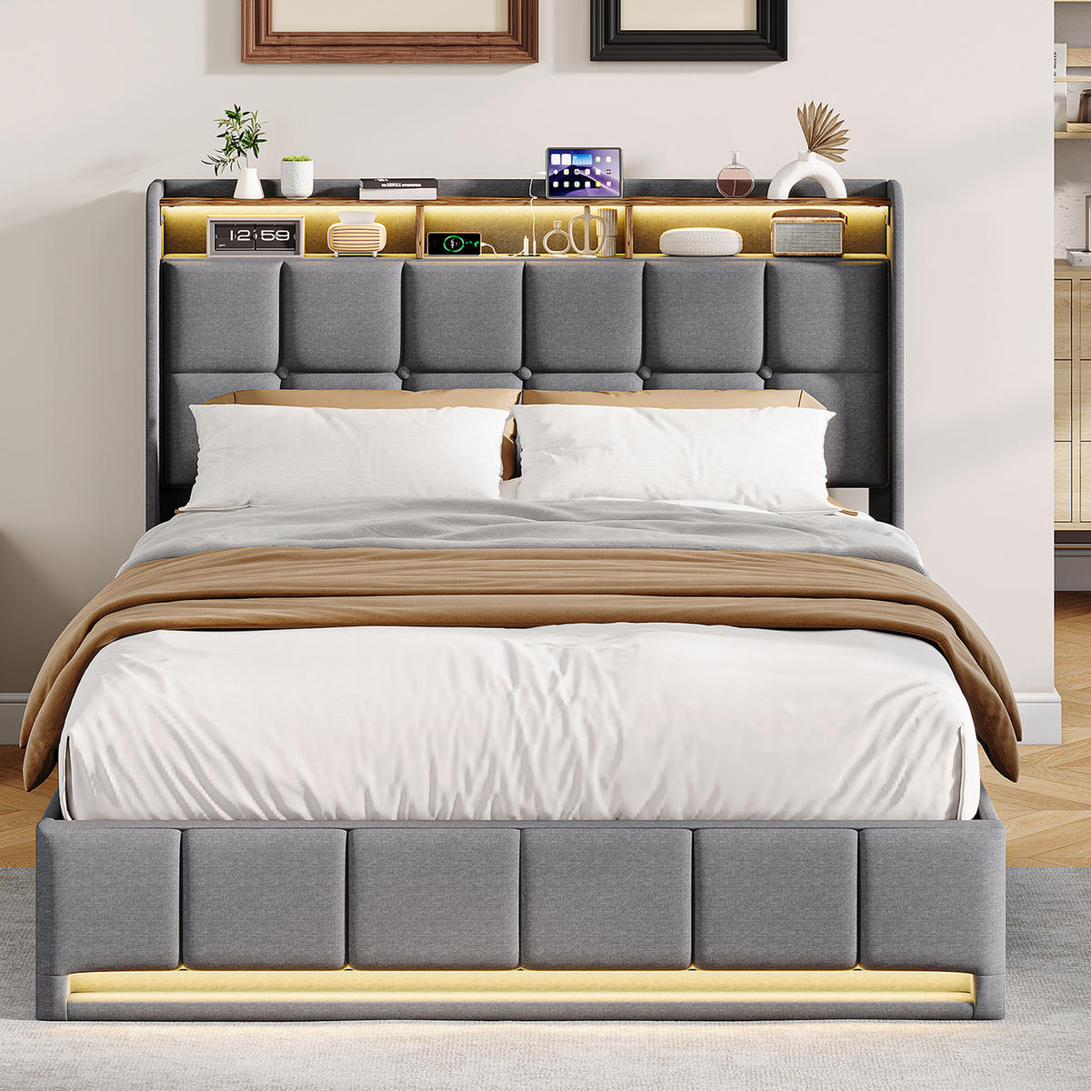 POLSTERBETT 160x200 cm Grau mit LED Beleuchtung, Kopfteil mit Stauraum und USB/Type-C, hydraulisches Stauraumbett - Grau, Metall (160/200cm) - EuroLiving