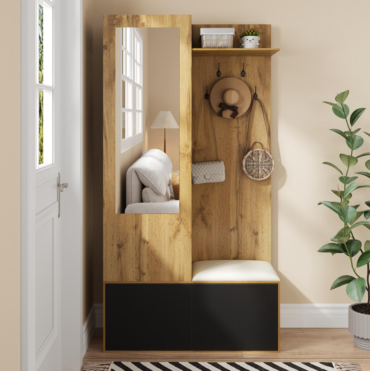 GARDEROBENSET mit Spiegel und Schuhschrank 100 x 38 x 191 cm Schwarz Holzoptik - Schwarz, Holzwerkstoff (38/191/100cm) - Beauniv