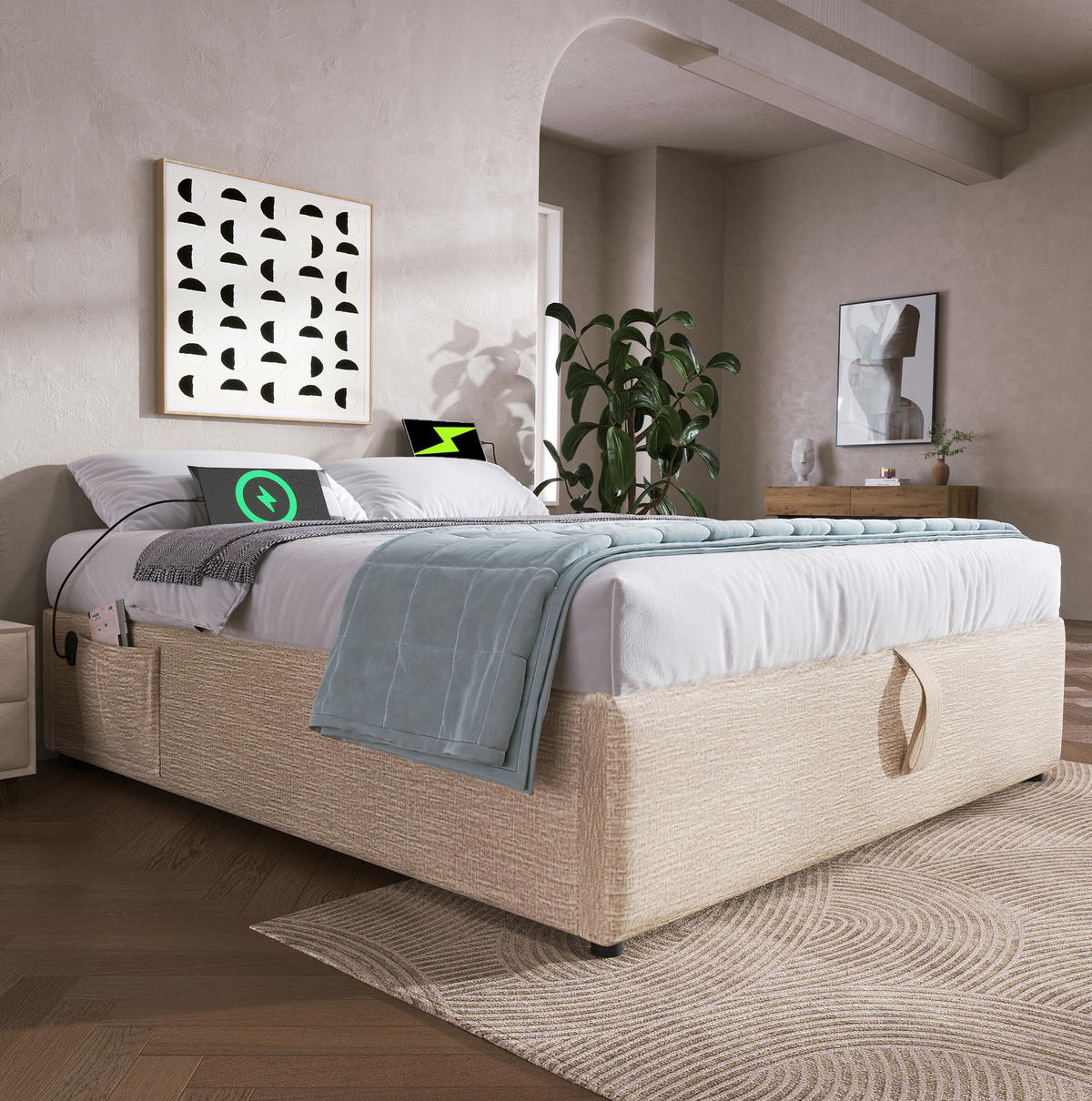 ČALOUNĚNÁ postel 140/200 cm béžová a přírodní z lnu, kovu a masivu s USB a úložným prostorem - béžová, textil (140/200cm) - OKWISH
