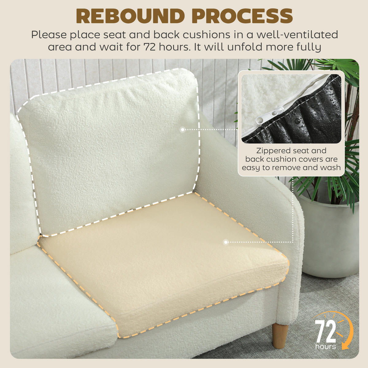 SOFA 2 Sitzer kleine 137 cm Couch mit Sherpa-Fleece-Optik Cremeweiß - Eukalyptusholzfarben/Creme, Holz/Textil (69/82/137cm) - HOMCOM