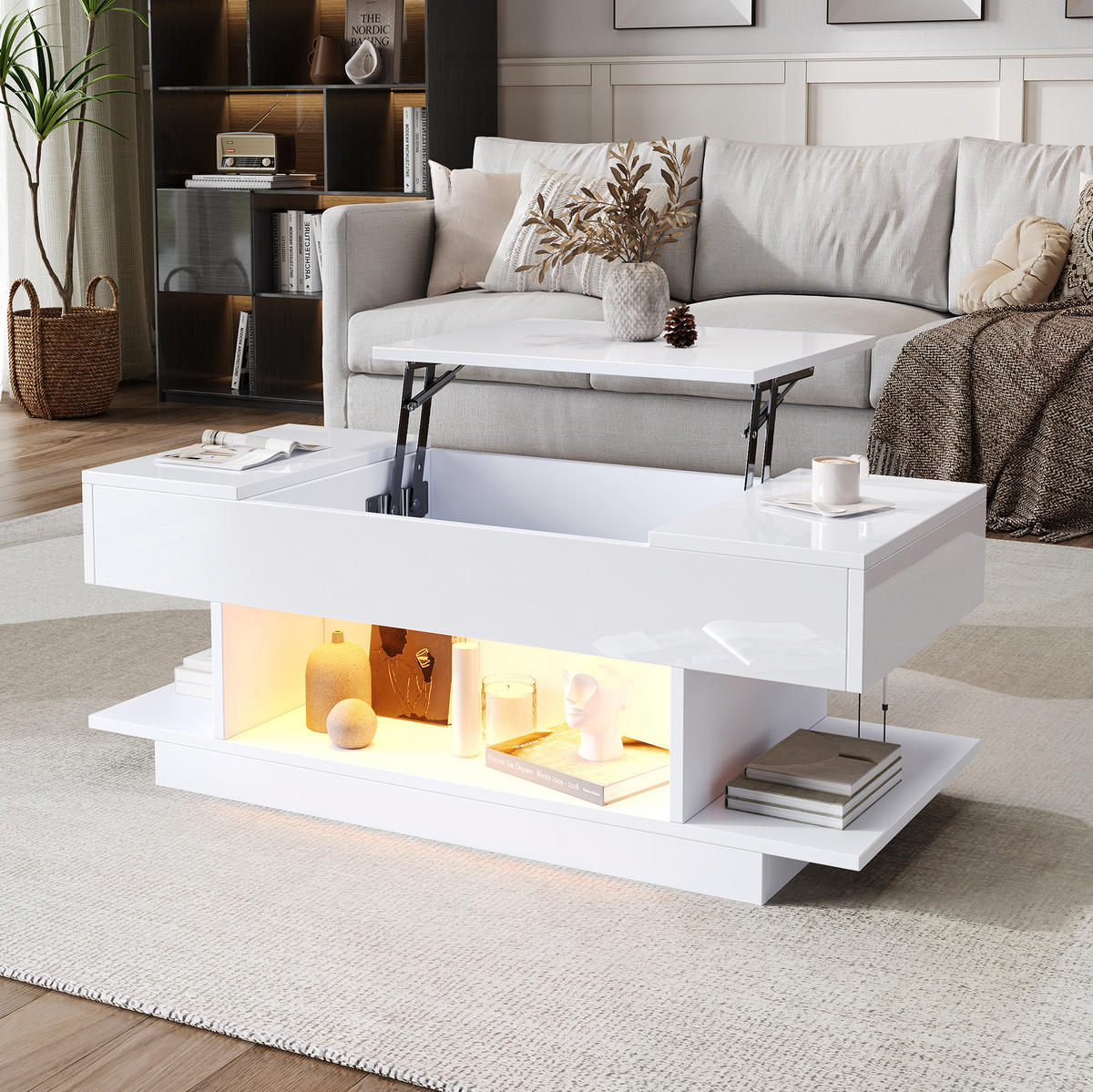 COUCHTISCH 98/45/40 cm weiß aus Spanplatte mit LED und höhenverstellbarer Tischplatte - Weiß, Holzwerkstoff (98/45/40cm) - OKMYHOME
