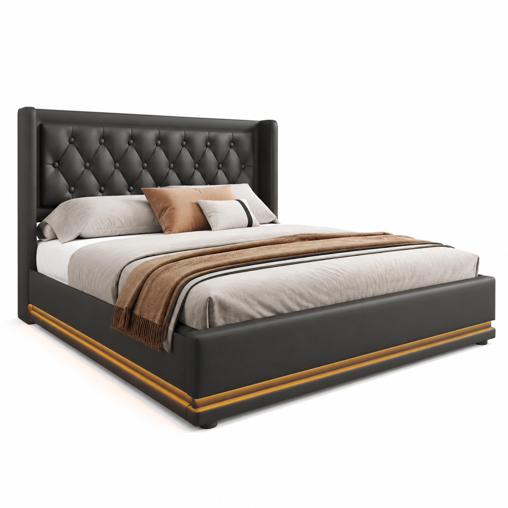 BETT mit Stauraum, LED und USB/Typ-C 140x200 cm PU Schwarz inkl. Matratze - Schwarz, Metall (140/200cm) - Meubliv