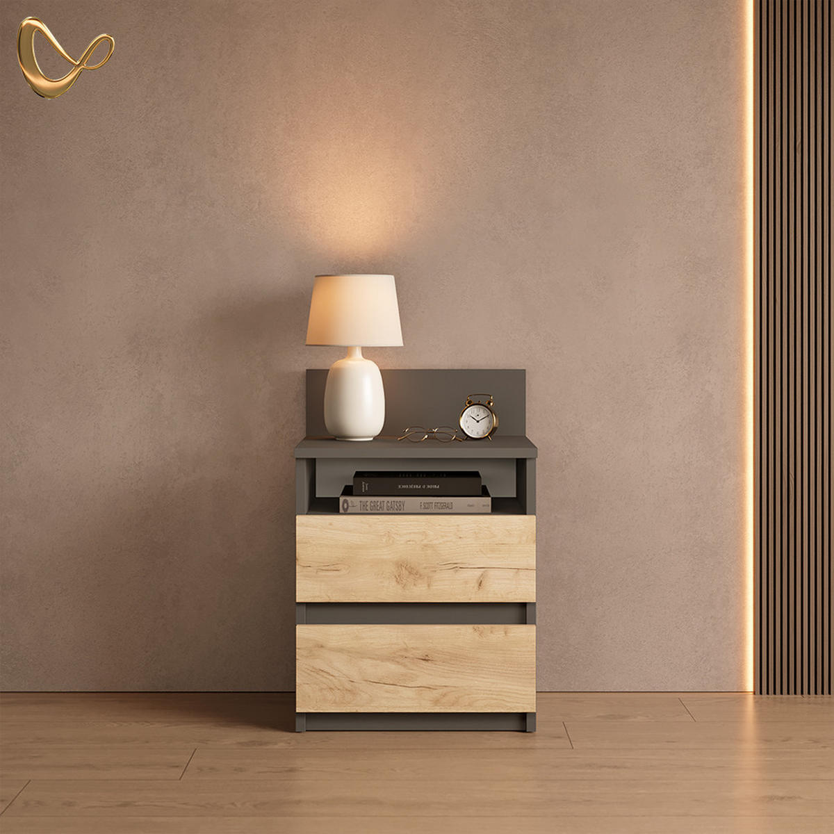 NACHTTISCH Roya, Anthrazit/Goldkraft Eiche, 39.6 x 59.1 cm - Honigeiche/Anthrazit, Holzwerkstoff (39.6/59.1/32.3cm) - Livinity®