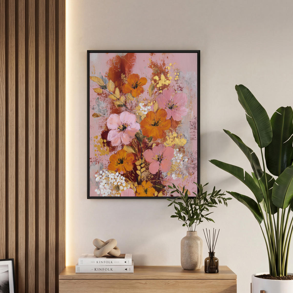 LEINWAND Bilder mit Rahmen - Malerei - Blumen - Rustikal - Rosa - 60x80 - Altrosa, Textil (60/80cm) - MuchoWow