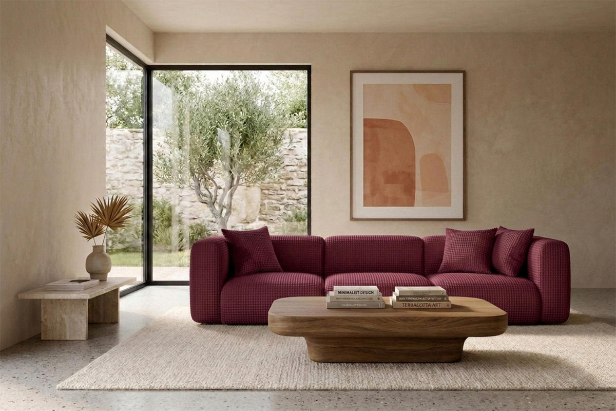 SOFA 3-Sitzer, Chenille-Stoff Cremona, Rotwein, GRETA - Weinrot, Holz (319/70/89cm) - Kaiser Möbel