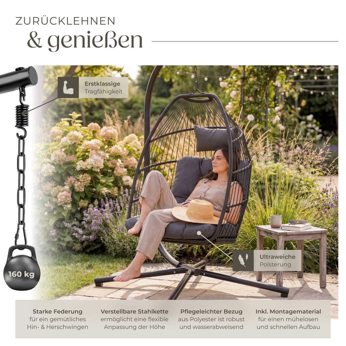HÄNGESESSEL Ariane, inklusive Schutzhülle, 98 x 107 x 202 cm, dunkelgrau - Dunkelgrau, Kunststoff/Textil (98/202/107cm) - tectake