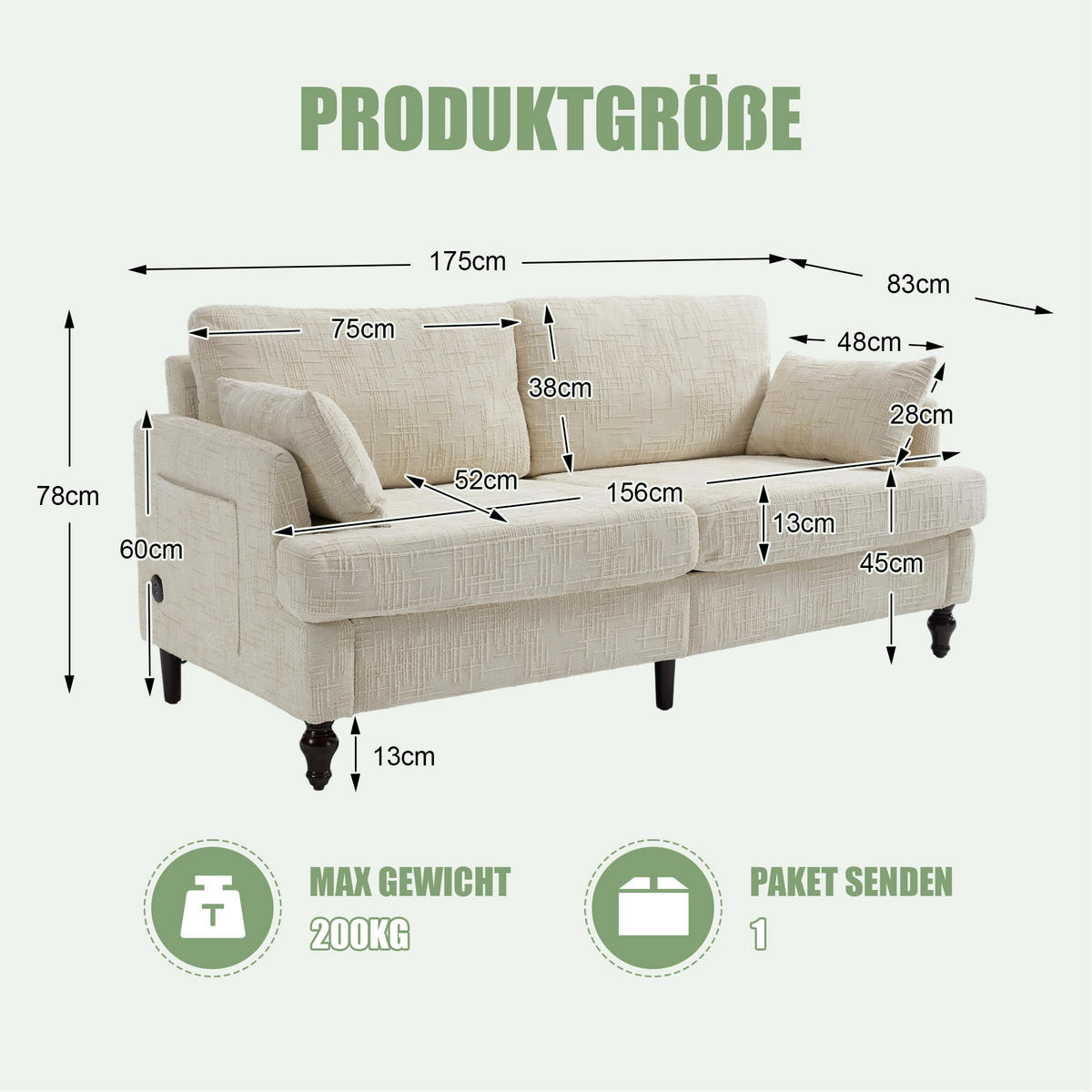 2-SITZER Sofa Chenille mit USB-Anschluss und LED-Licht 175/83/78 cm Beige - Beige, Textil (175/78/83cm) - Redom