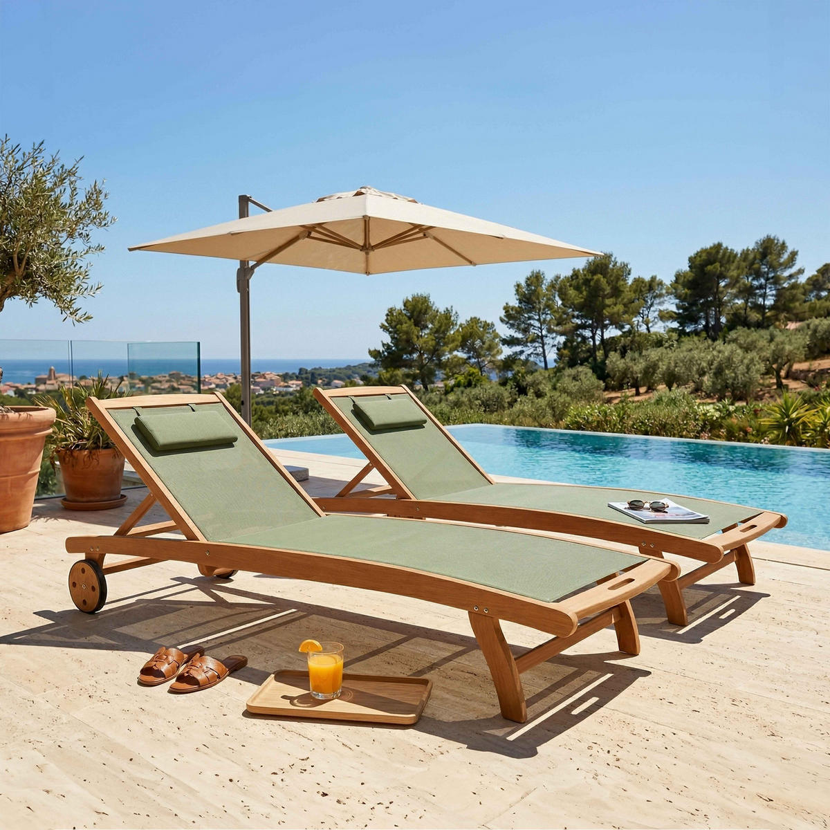 SONNENLIEGE 2-tlg., Salbeigrün - Grün, Holz (69/37/196cm) - Oviala