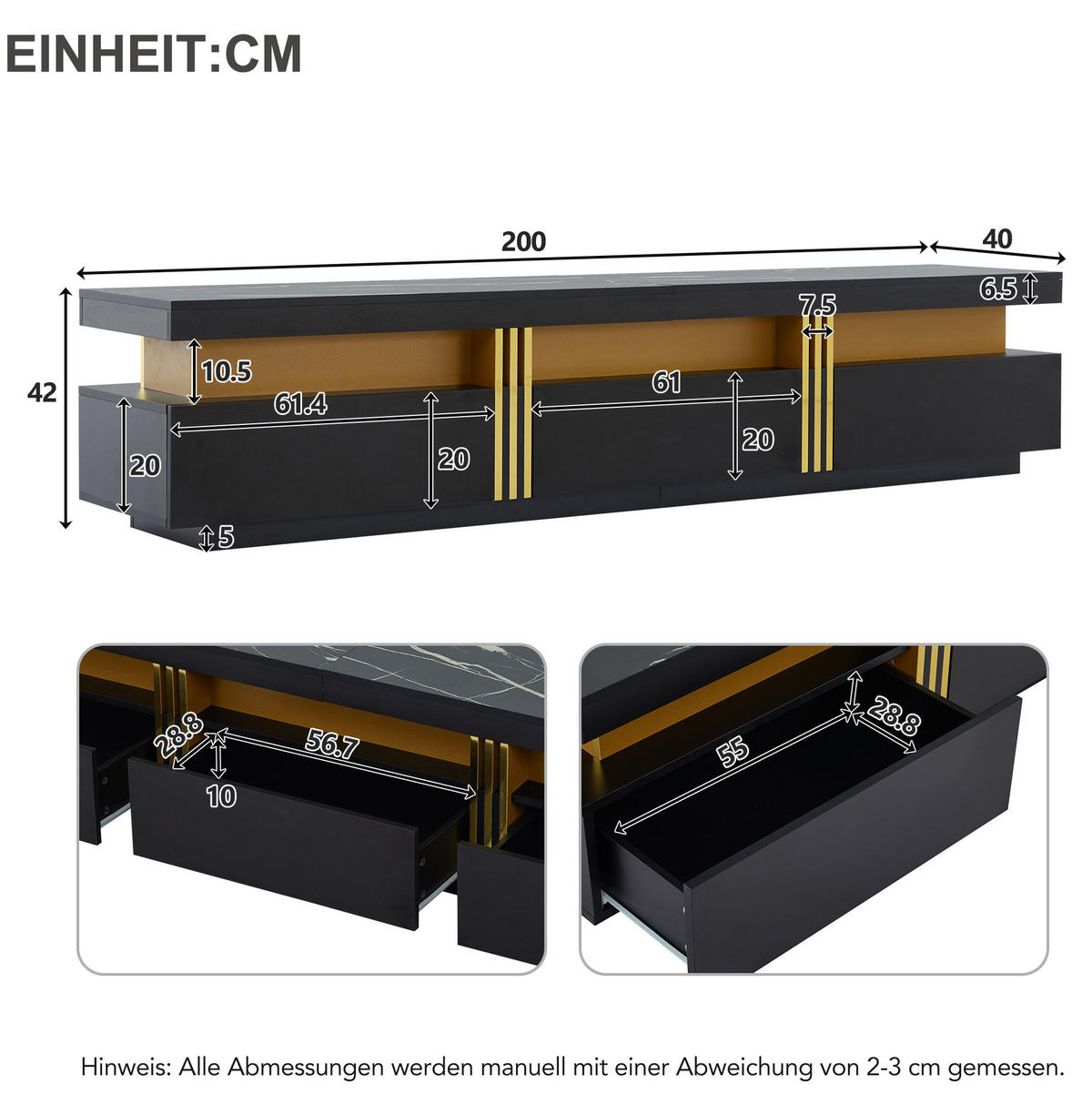 LOWBOARD 200/40/42 cm aus Spanplatte mit Marmor-Optik und 3 Schubladen Schwarz - Schwarz, Holzwerkstoff (200/42/40cm) - Modenvie