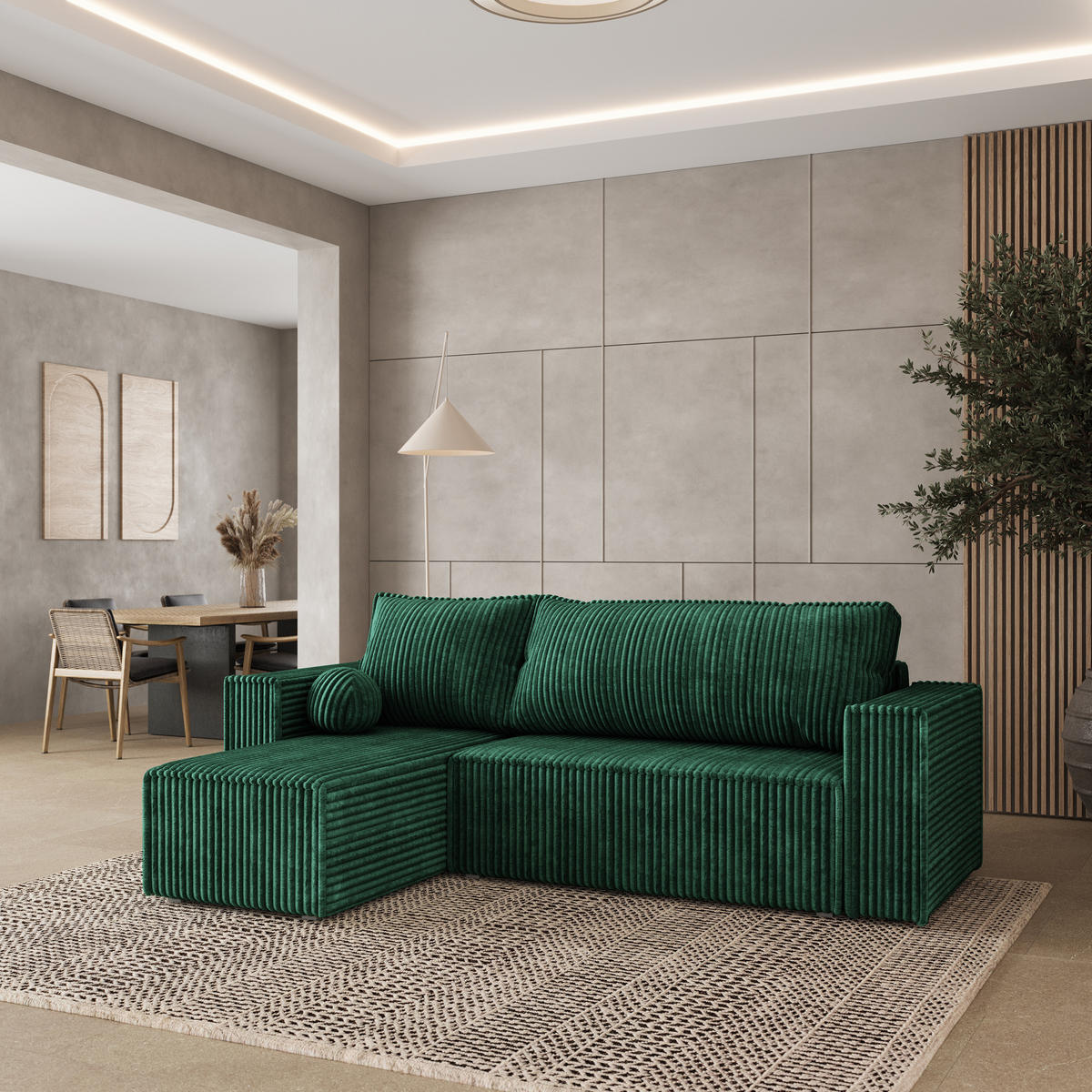 ECKSOFA RAVELO T Grün Kordstoff mit Schlaffunktion - Grau/Grün, Holz/Kunststoff (240/140cm) - MASSENO