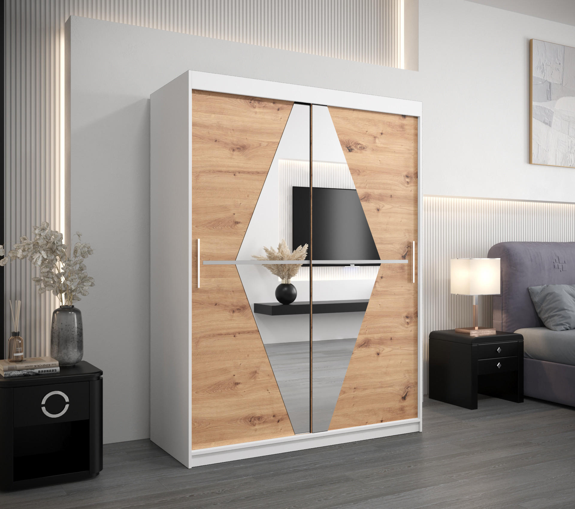 SCHWEBETÜRENSCHRANK 200/150/62 2-türig - Silberfarben/Weiß, Holz/Kunststoff (150/200/62cm) - Abiks Möbel