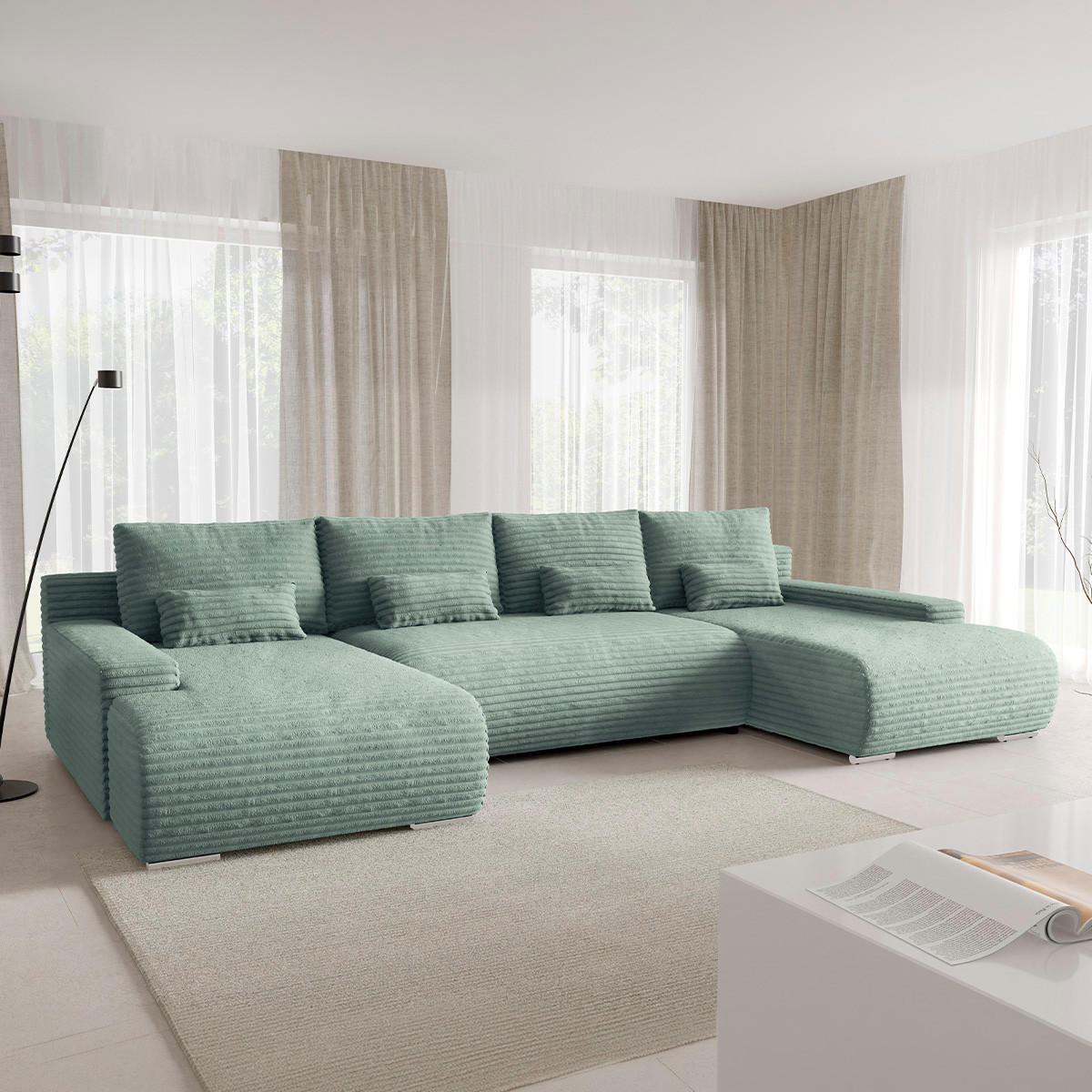 PANORAMASOFA Ivana 4 Sitzplätze Hellgrün - Grün, Holz (350/85/172cm) - Petits-meubles