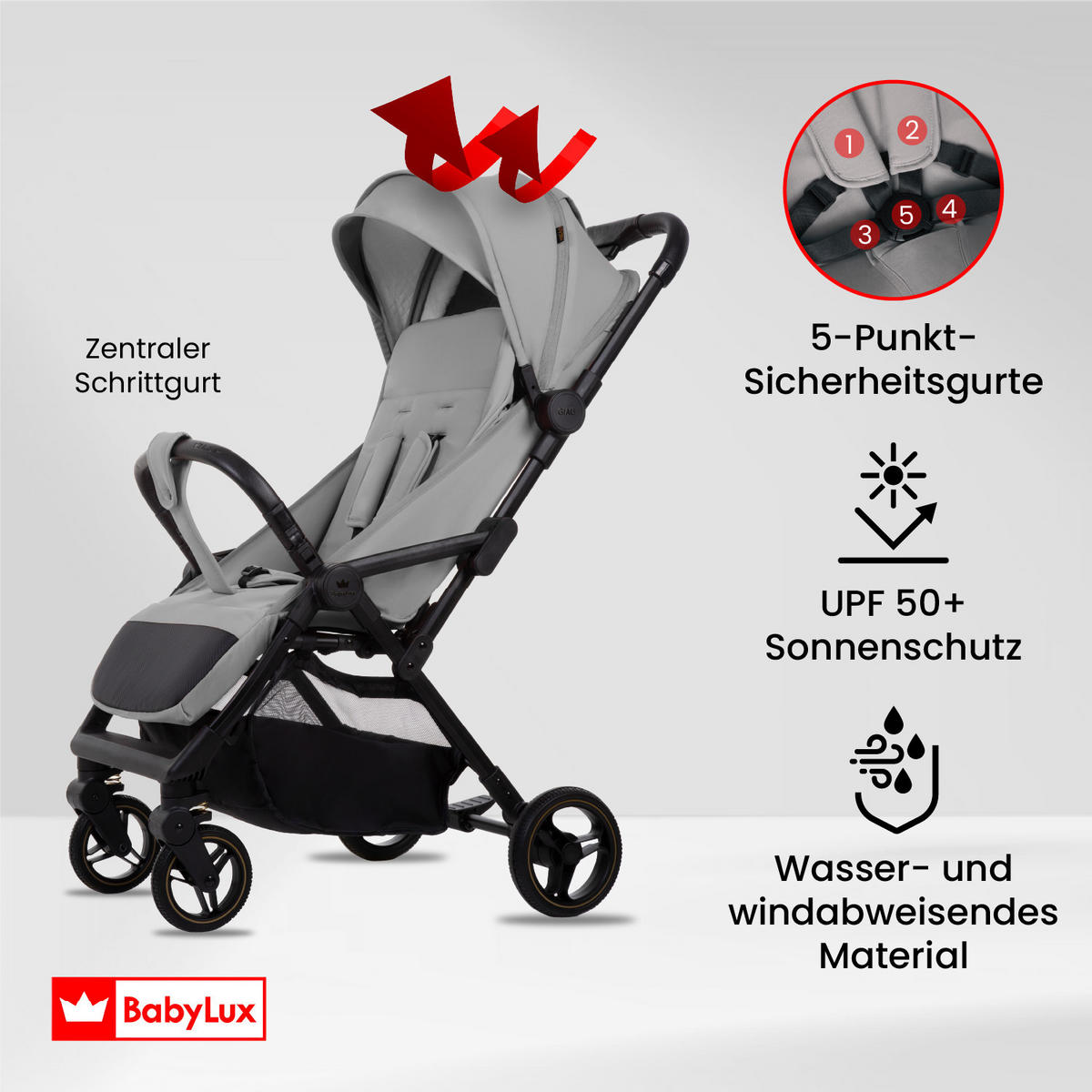 BUGGY Giau, Klein und Leicht, Teleskopische Führung, Kompakt Faltbar, Wickeltasche, Reisetasche - Schwarz/Grau, Textil/Metall (58/98cm) - BabyLux