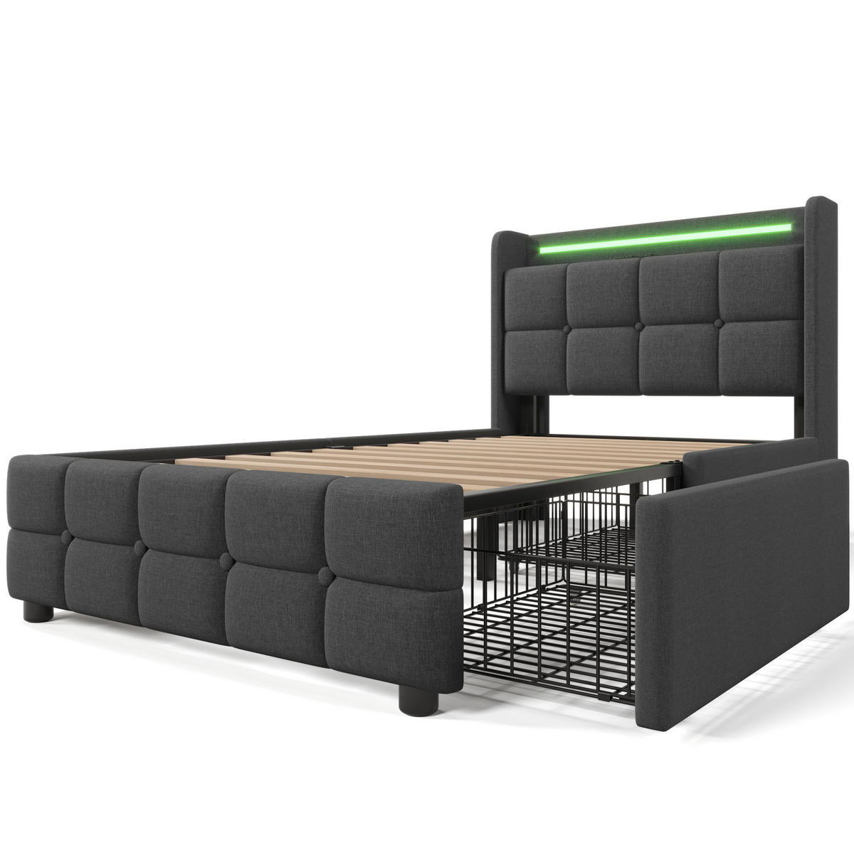 ČALÚNENÁ posteľ 90x200 cm s LED osvetlením, USB portami, 2 zásuvkami a policou, Sivá - sivá, drevo (90/90cm) - Redom