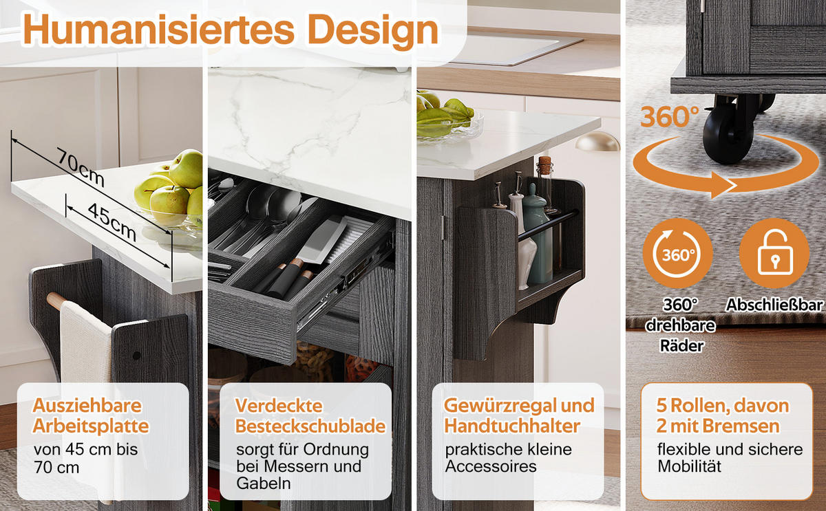 KÜCHENINSEL 136/70/92 cm grau aus MDF mit ausziehbarer Platte - Grau, Holzwerkstoff (136/92/70cm) - OKWISH