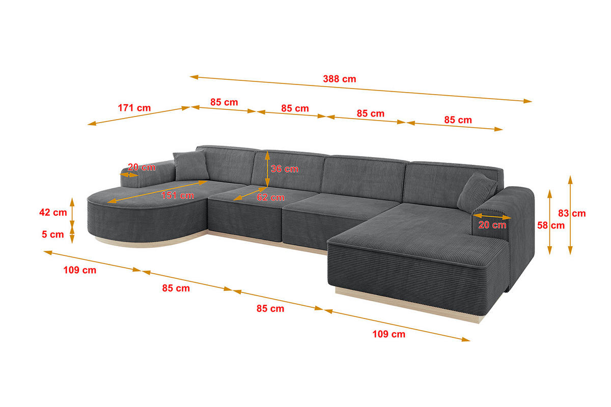 WOHNLANDSCHAFT ARRIO-U2 303x171x83 cm Dunkelgrau - Dunkelgrau, Holzwerkstoff/Textil (388/83/171cm) - ALTDECOR