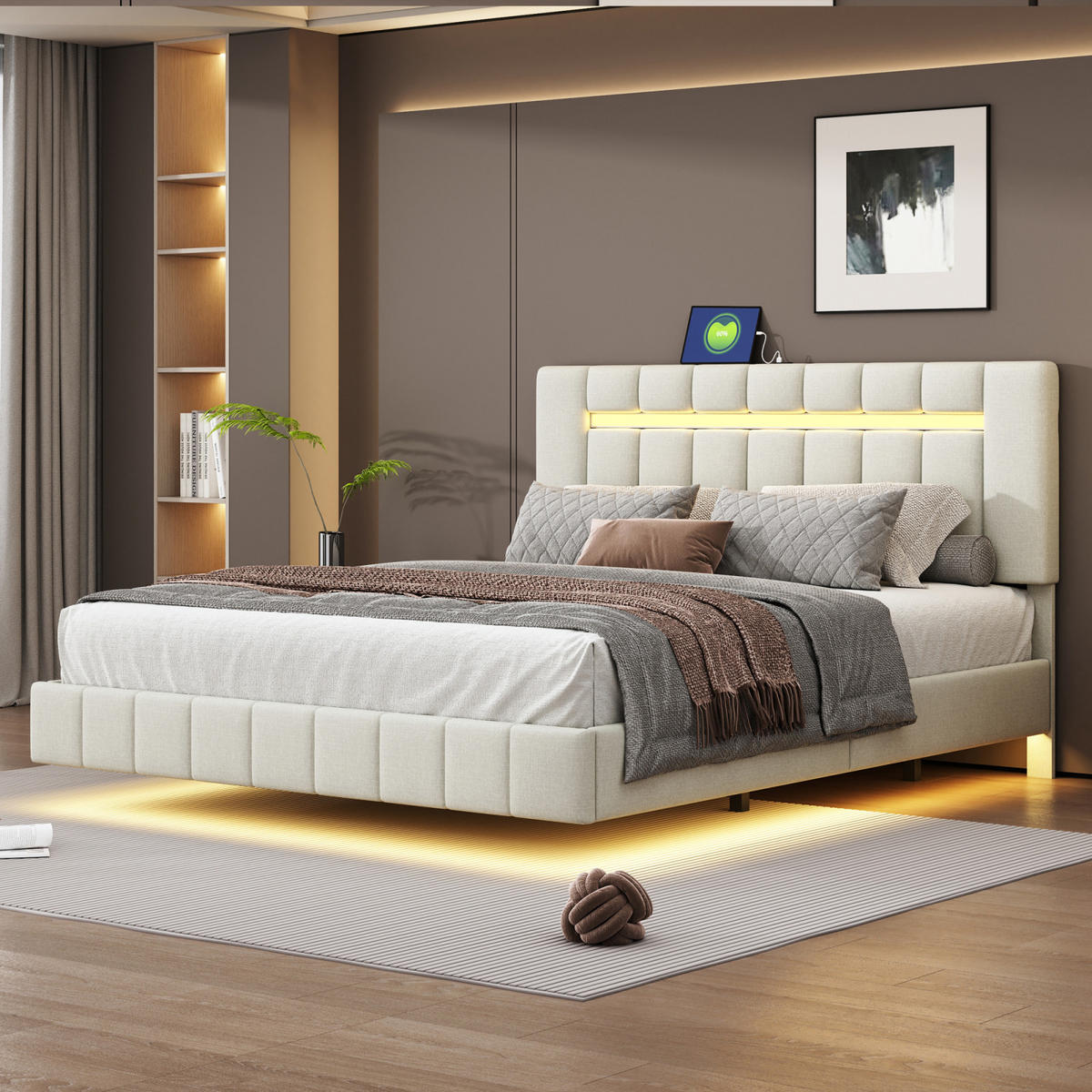 POLSTERBETT 160x200 cm Schwebebett mit LED, USB & Kopfteil, Leinen beige - Beige, Holz (160/200cm)