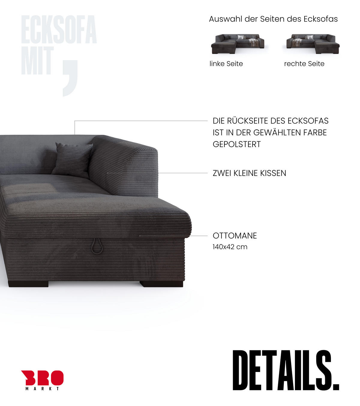 ECKSOFA mit Schlaffunktion Cordstoff MILENZO Grau Links - Grau, Holz (260/175cm) - Bromarkt