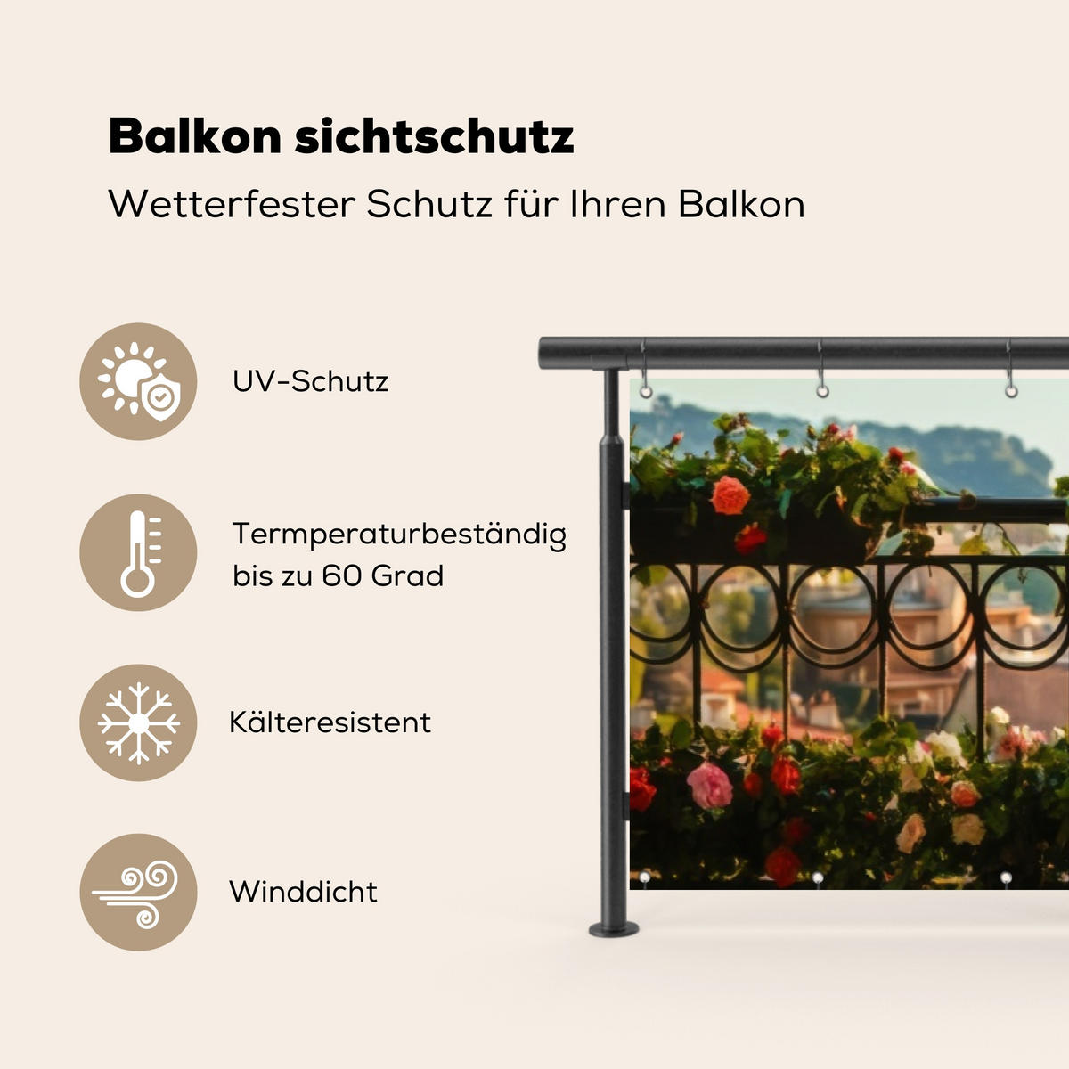 BALKON-SICHTSCHUTZ Blumen - Zaun - Stadtbild - Sommer - Pink, Kunststoff (300/80cm) - MuchoWow