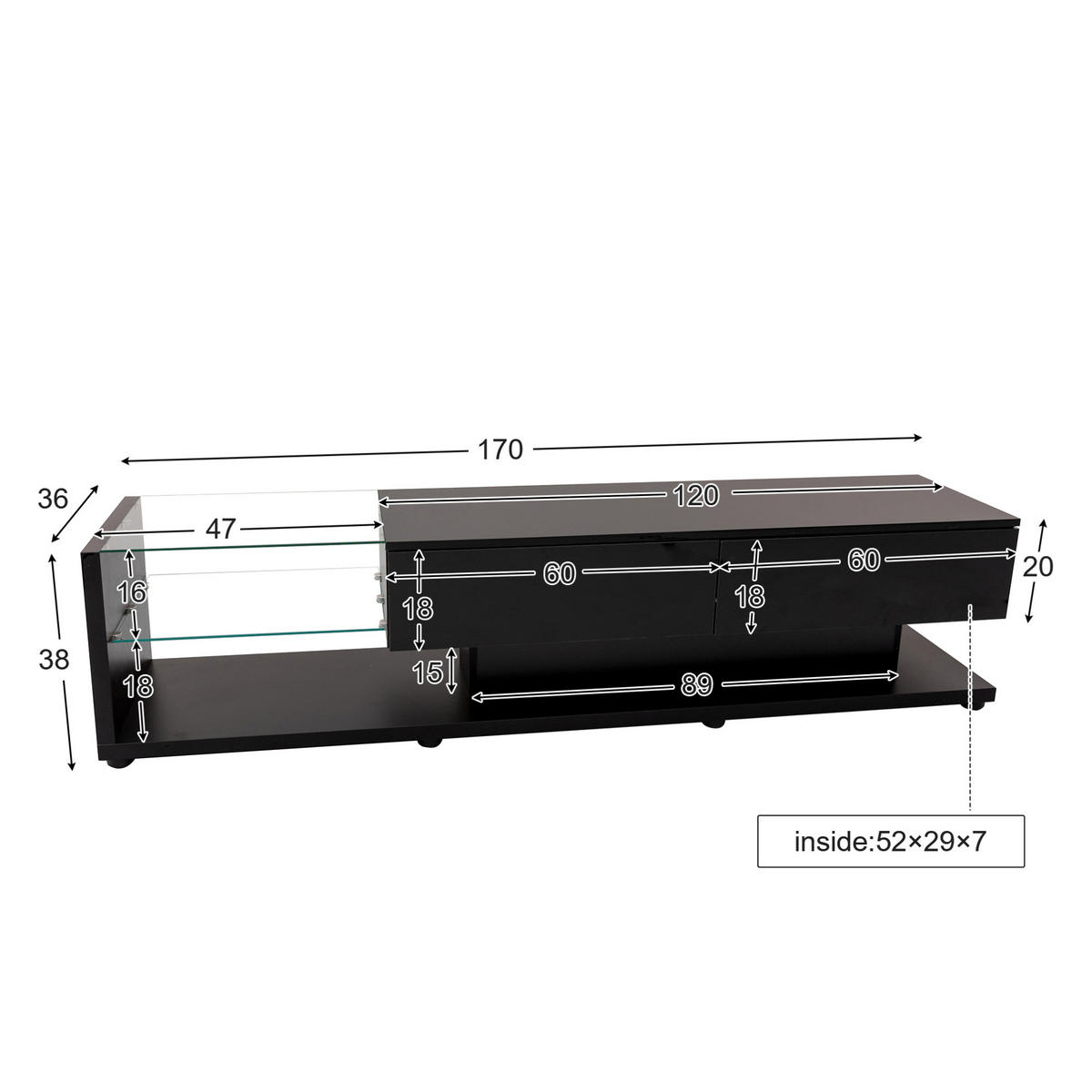 TV-ELEMENT mit LED und Glasregalen 170 cm Schwarz Hochglanz - Schwarz, Holzwerkstoff (36/38/170cm) - Beauniv