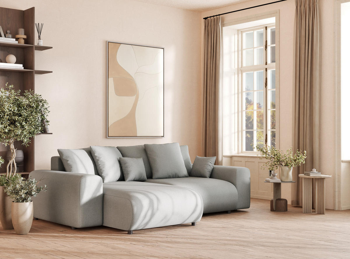 ECKSOFA MIT SCHLAFFUNKTION Solo Hellgrau Webstoff - Hellgrau/Schwarz, Holz/Holzwerkstoff (255/168cm) - Maison de Reve