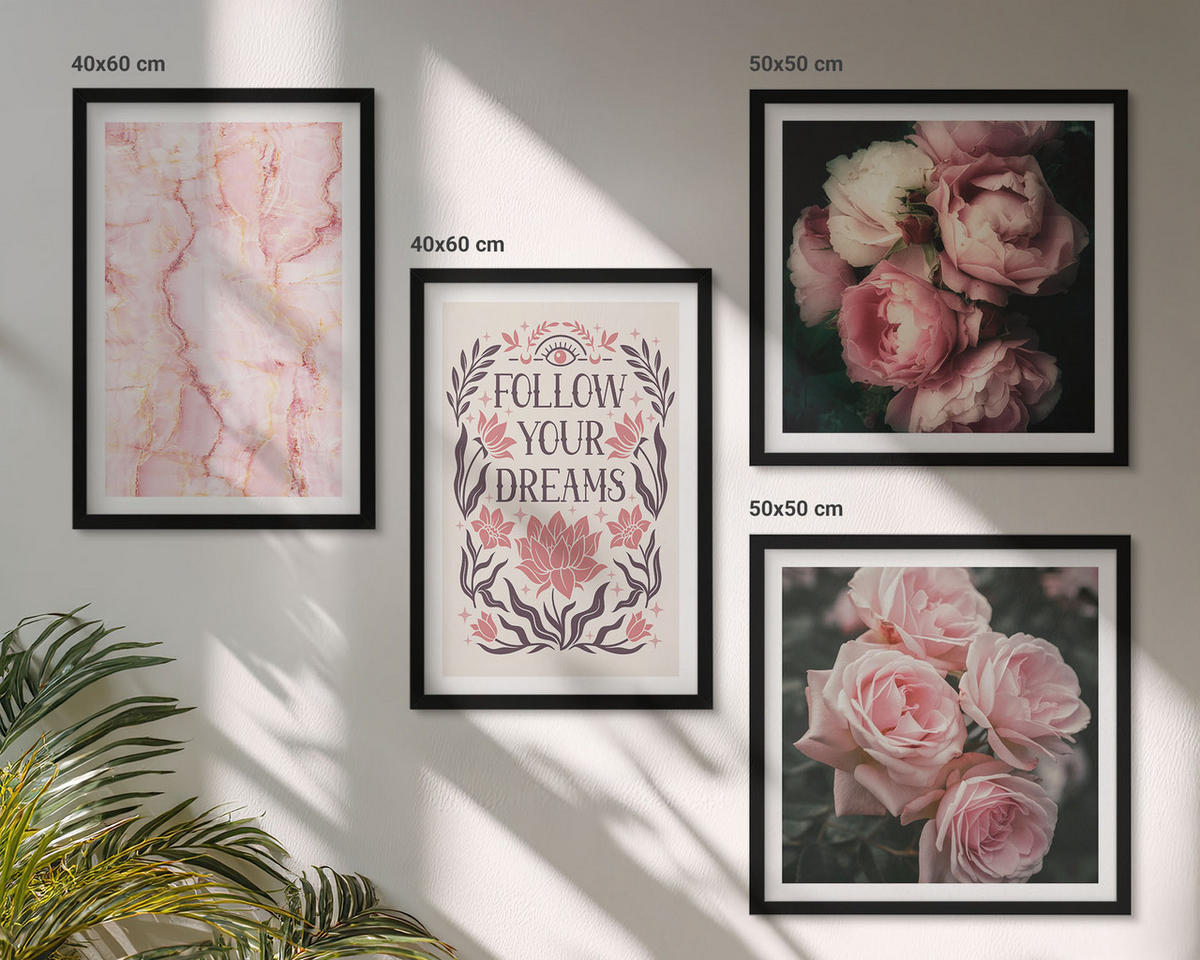 WANDBILDER 4er-Set - 50x50 cm & 40x60 cm Schwarzer Rahmen - Vintage-Rosen-Marmorträume - Schwarz, Kunststoff (50/50cm) - ArtPrintCave