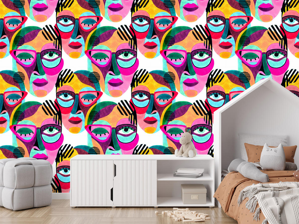 VLIESTAPETE Pop-Art-Gesichter – Bunt – 50x1000 cm - Multicolor, Papier (50/1000cm) - Muralo