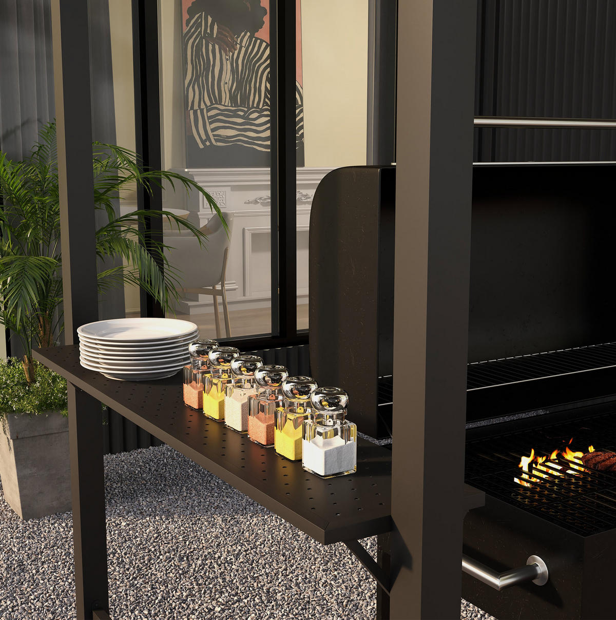 GRILLPAVILLON 233/110/235 cm mit Doppeldach, Seitenablagen und 7 Haken, Khaki - Braun, Metall (110/235/233cm) - Redom