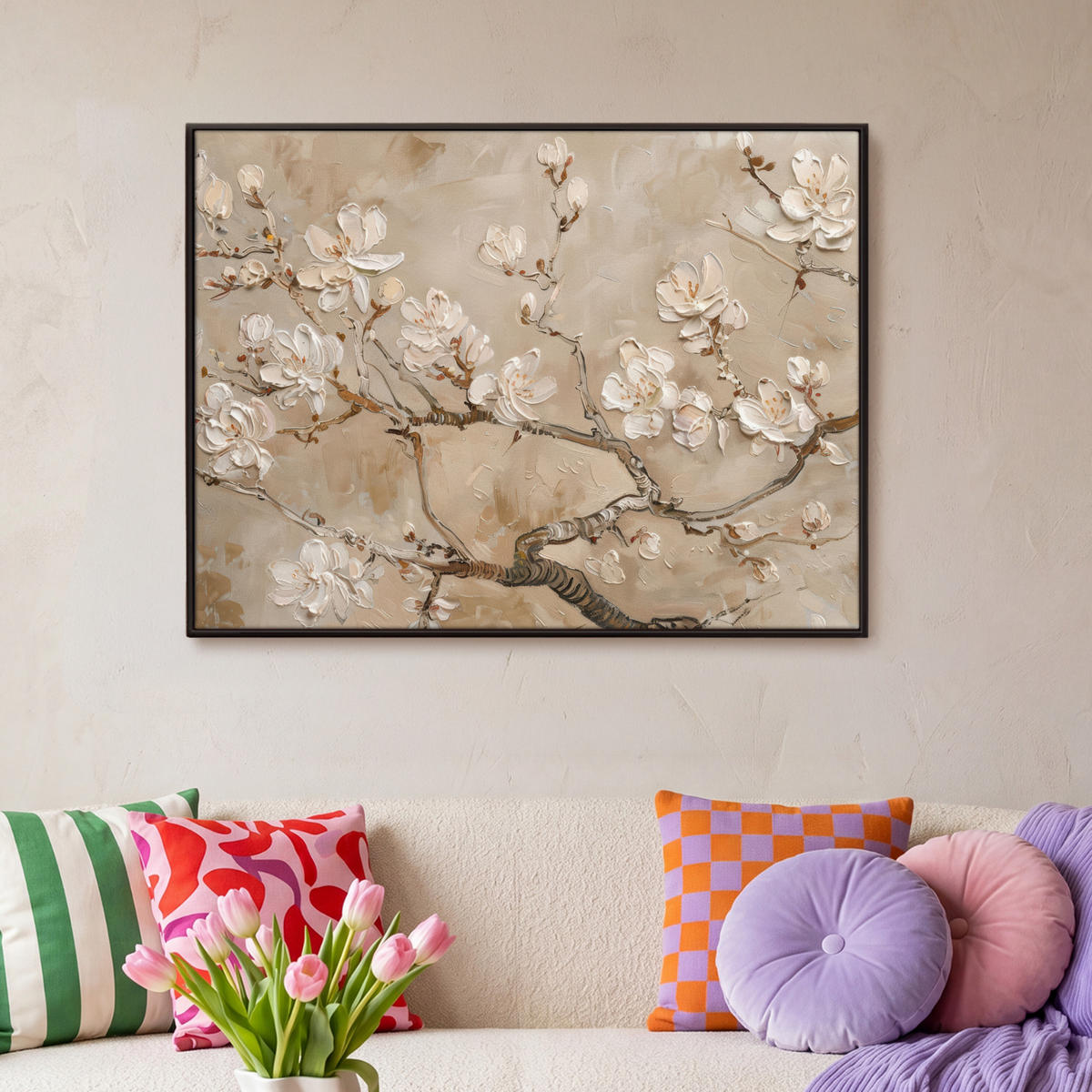 LEINWAND Bilder mit Rahmen - Blumen - Modern - Beige - Weiß - Blüte - 100x70 - Beige, Textil (100/70cm) - MuchoWow