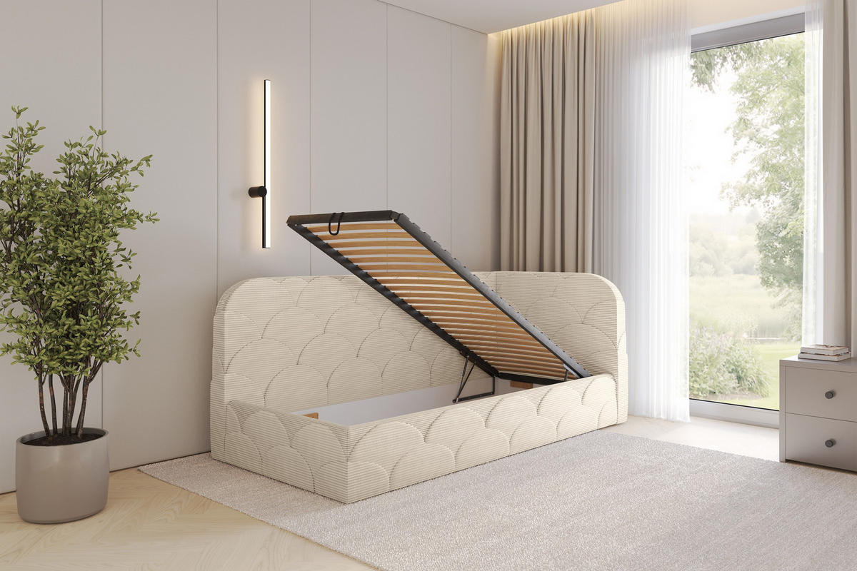 EINZELLBETT Jugendbett mit Bettkasten und Matratze H3/H4, Links - ELRY 90x200 Beige - Creme, Holzwerkstoff/Textil (90/200cm) - ALTDECOR