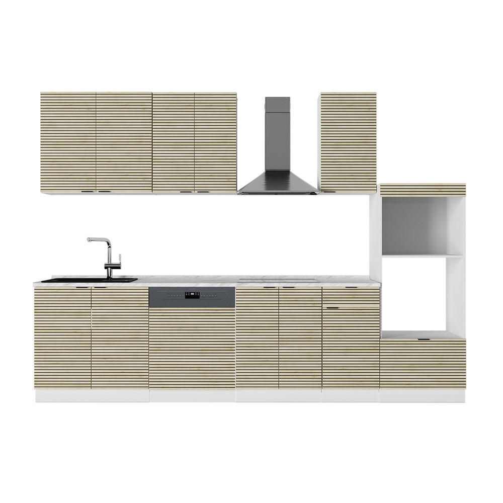 KÜCHENZEILE Fame-Line Eiche Paneel/Weiß 300 cm mit Hochschrank, AP Marmor - Hellbraun/Weiß, Holzwerkstoff (300/81.6/60cm) - Vicco